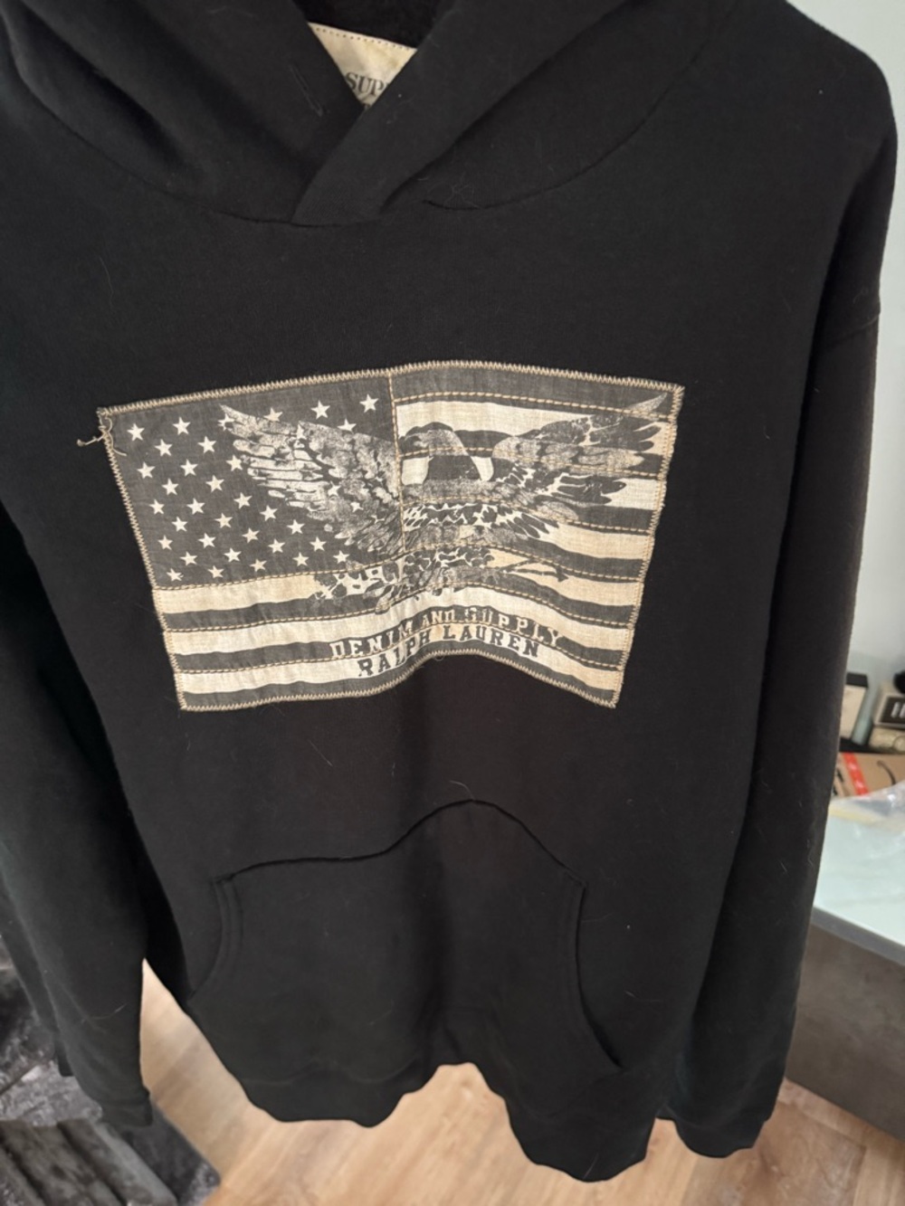 XL Denim & Supply Ralph Lauren Black Hoodie with Distressed Flag Eagle Graphic
